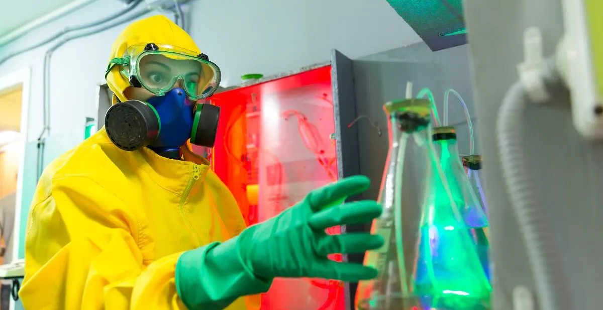 Osoba w sprzęcie ochronnym do pracy z chemikaliami