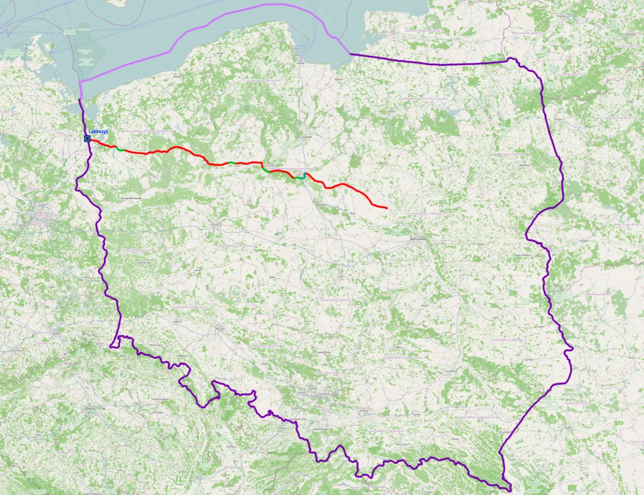 Mapa trasy Warszawa Kołobrzeg bezpłatna DK10 S5