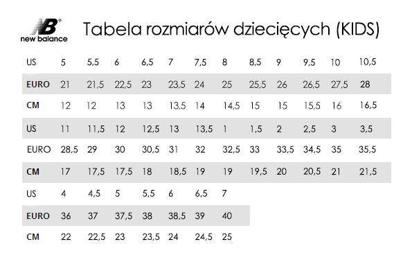 tabela rozmiarów butów dziecięcych i dorosłych