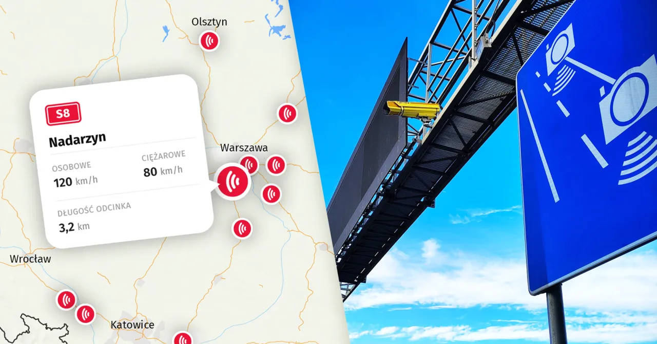 Mapa z lokalizacją fotoradarów na S7 i znaki informujące o kontroli prędkości.