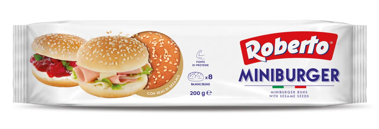 Gdzie kupić bułki do mini burgerów? Opakowanie Roberto Miniburger zawiera 8 bułek z sezamem, idealnych do przygotowania małych kanapek.