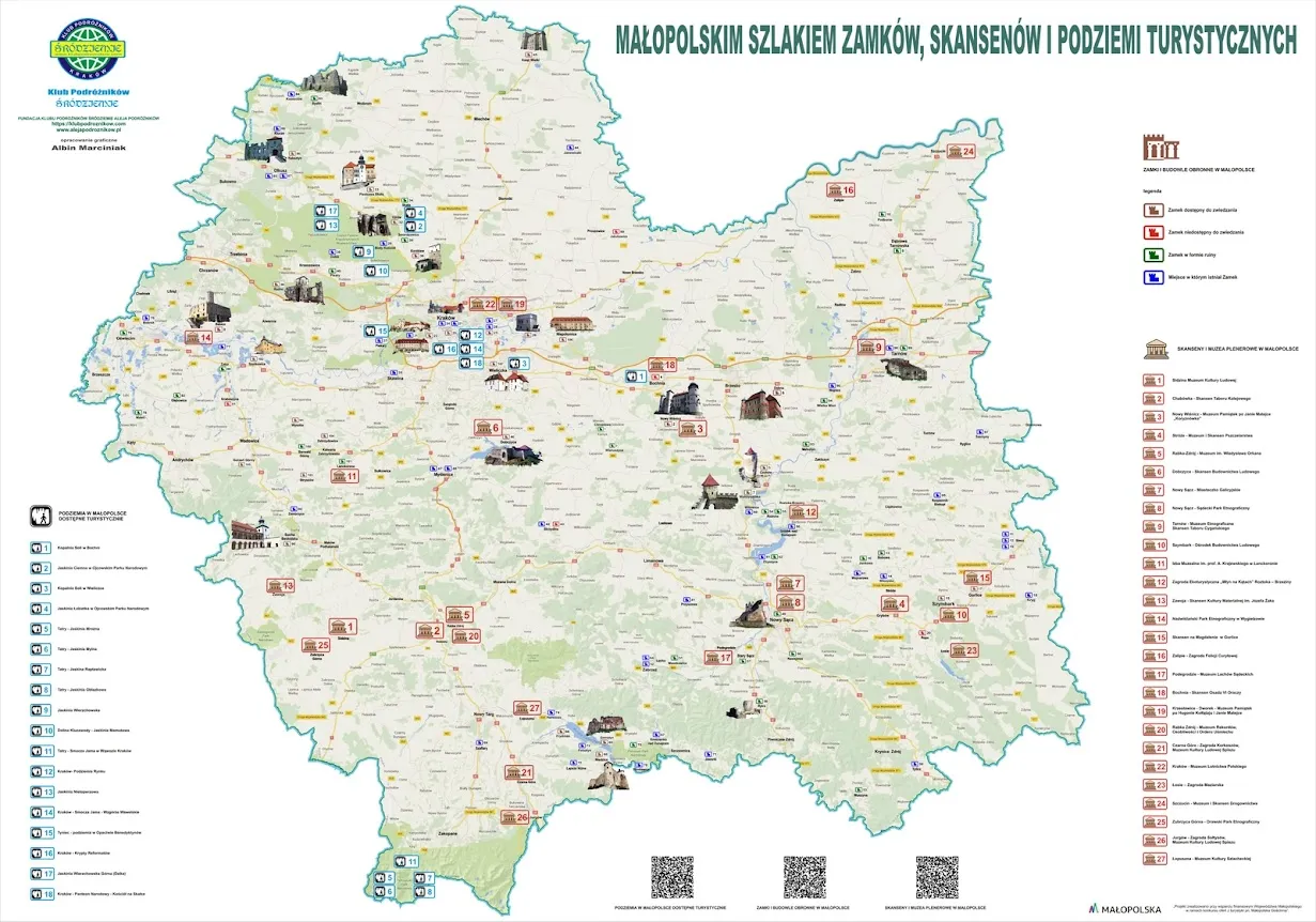 Mapa Polski z oznaczonymi skansenami architektury drewnianej / kolaż zdjęć z polskich skansenów