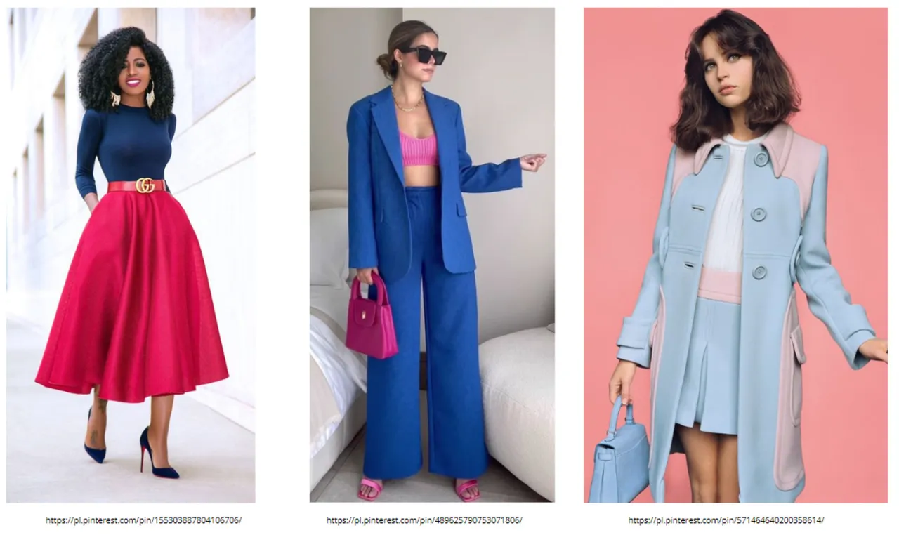 Elegancka kobieta w granatowej bluzce i czerwonej spódnicy. Obok stylizacje z niebieskim garniturem i płaszczem. Co pasuje do niebieskiej bluzki?