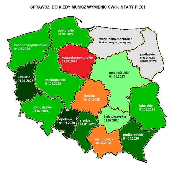 Mapa Polski z datami wymiany kotł&oacute;w 4 klasy w poszczeg&oacute;lnych wojew&oacute;dztwach