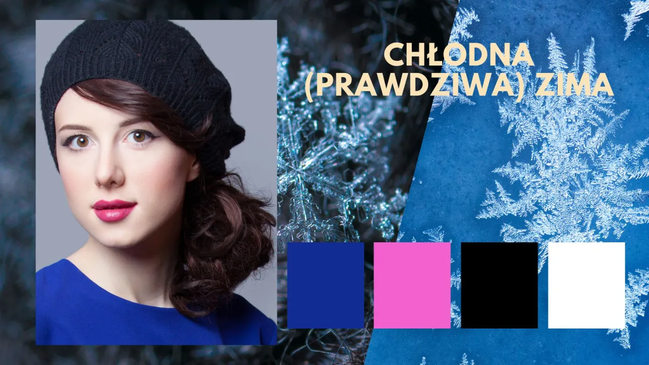 Chłodna zima kolory: kobieta w czarnej beretce i niebieskiej sukience, płatki śniegu, paleta barw: niebieski, r&oacute;żowy, czarny, biały.