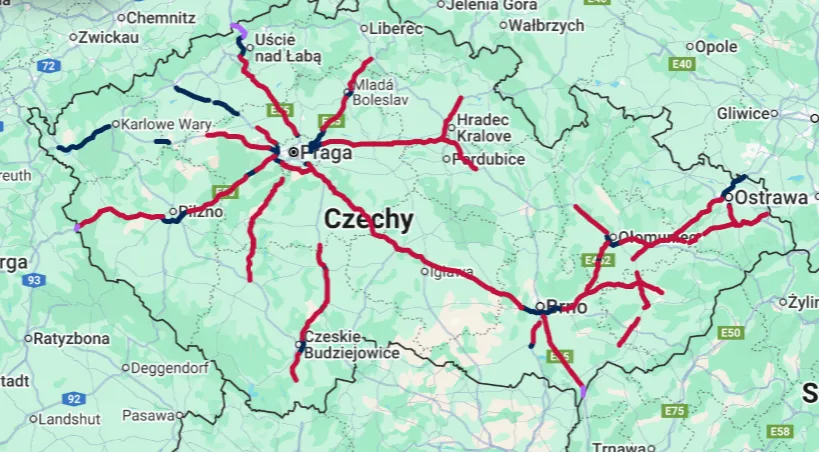 Mapa bezpłatnych odcink&oacute;w autostrad Czechy