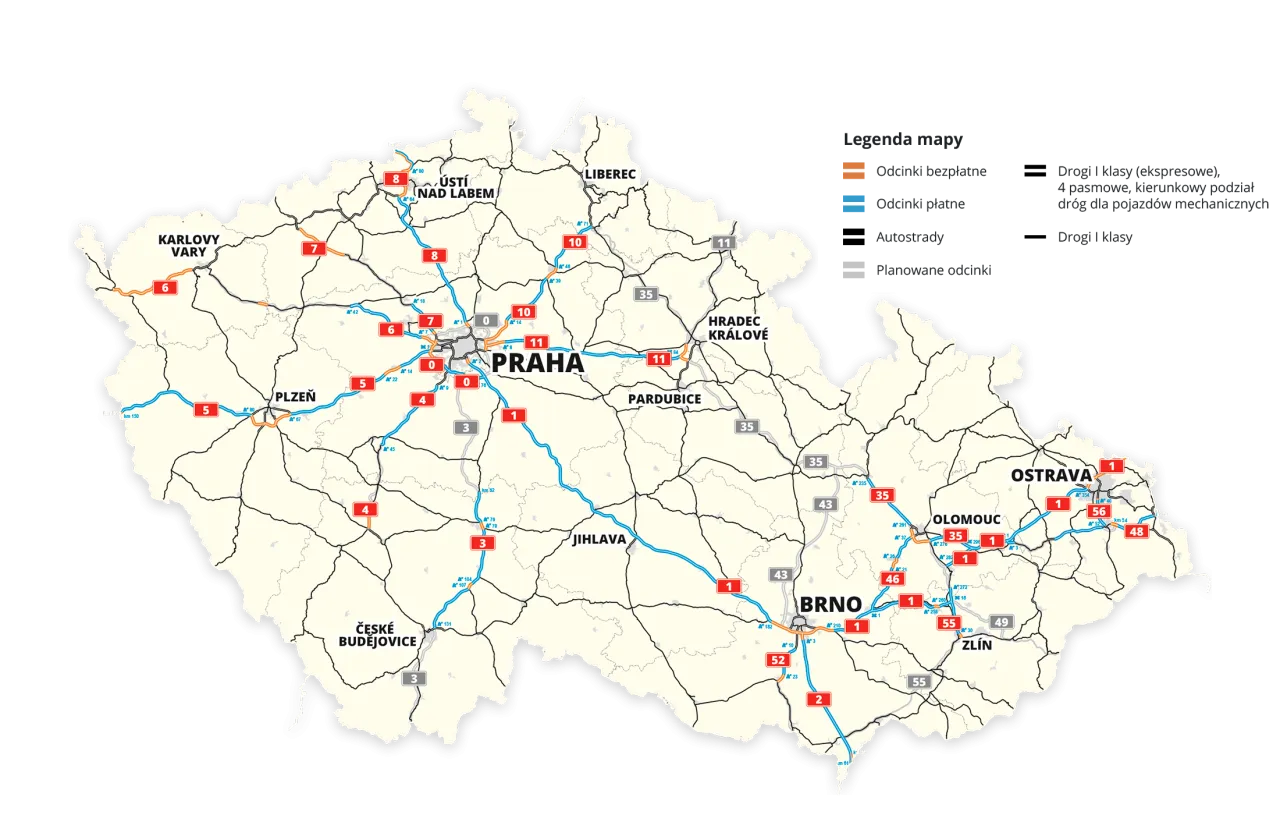 Mapa Czech z zaznaczonymi drogami płatnymi i bezpłatnymi. Uważaj na mandat za brak winiety Czechy!