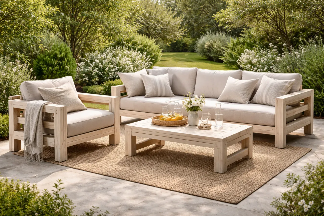 Jasne, naturalne drewno na meble ogrodowe, jak to widoczne na zdjęciu, to świetny wybór. Wygodny zestaw wypoczynkowy w otoczeniu zieleni.