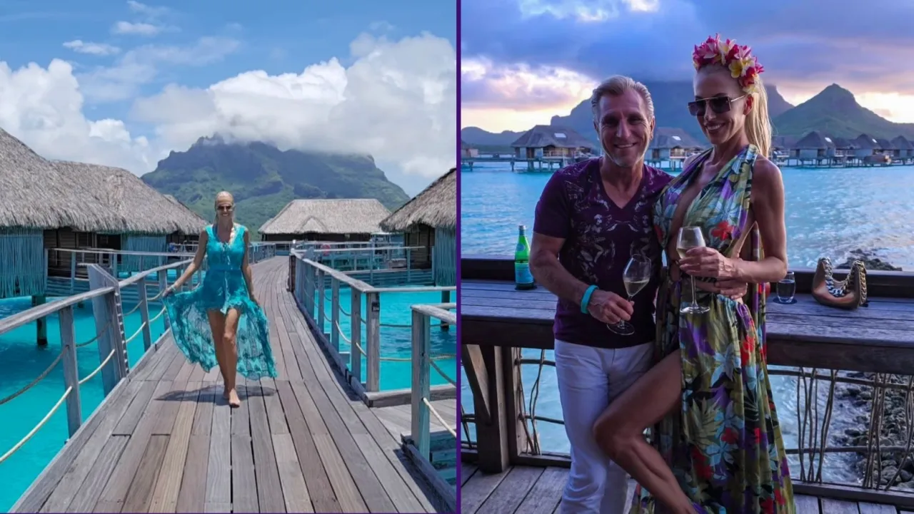 Aneta Glam w kwiecistej sukni i jej partner cieszą się drinkami na tle rajskich domków na wodzie. Wiek Anety Glam nie przeszkadza w beztroskim wypoczynku.