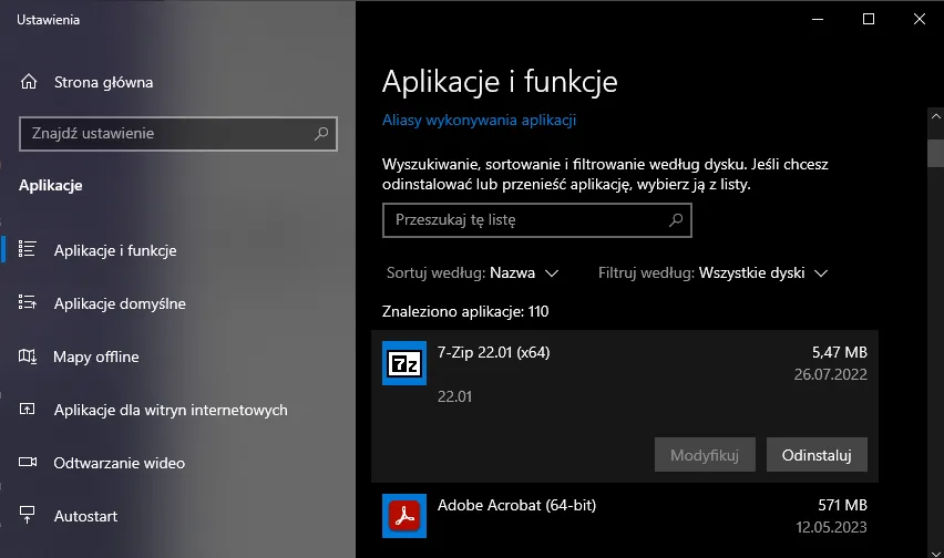 odinstalowywanie aplikacji Windows 11 ustawienia
