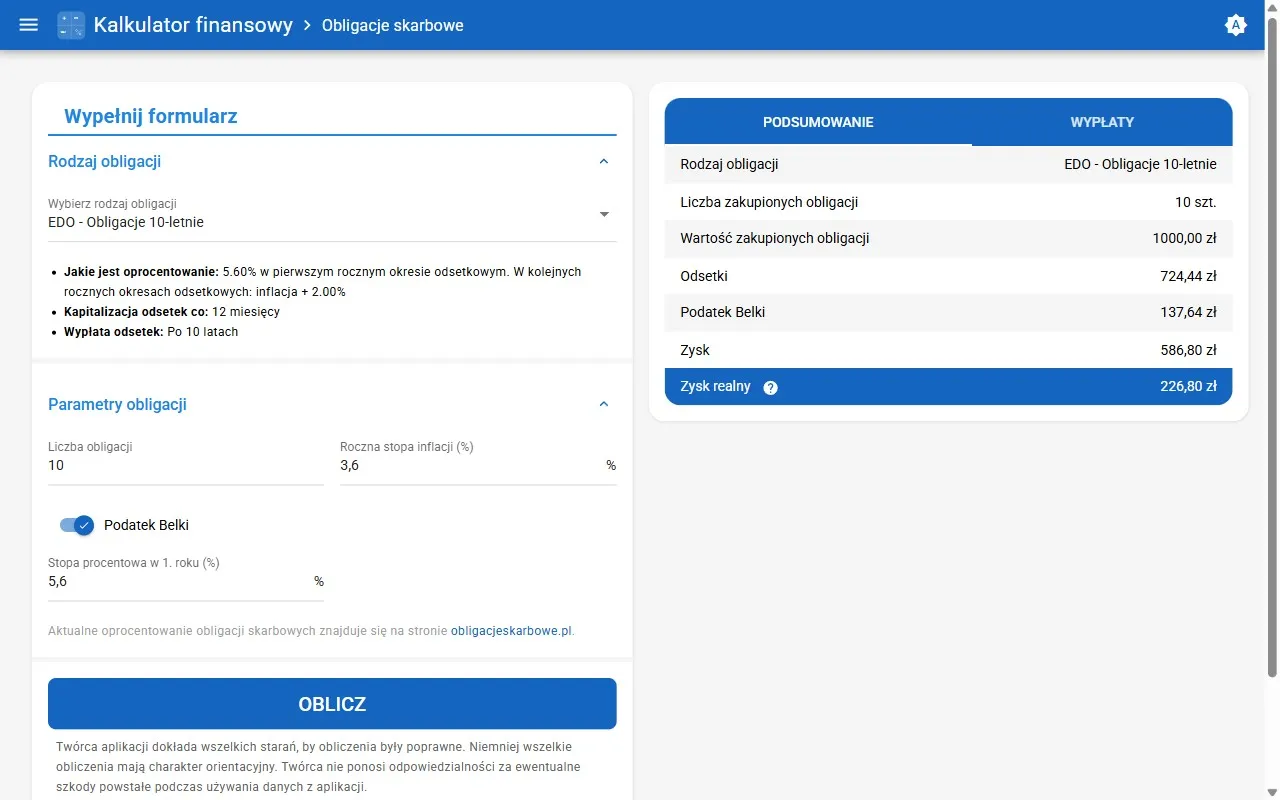 Kalkulator finansowy pokazuje, jak obliczyć odsetki od obligacji skarbowych EDO 10-letnich. Wpisz parametry, by poznać zysk.