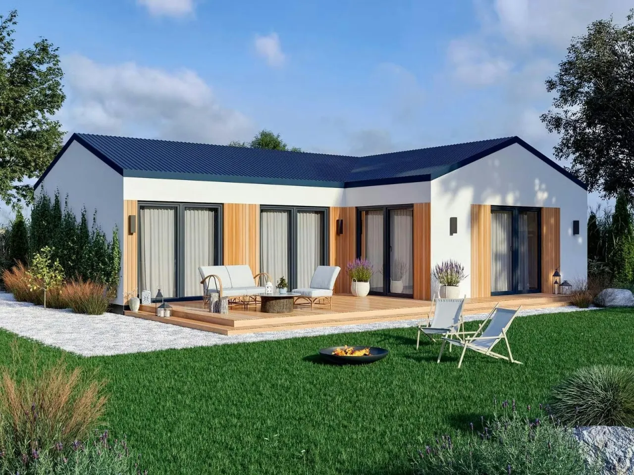 Nowoczesny dom modułowy 70m2 z tarasem i ogrodem. Idealne miejsce na relaks.