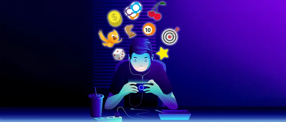 Person spielt ein Handyspiel, daneben sind M&uuml;nz- oder Geldsymbole abgebildet