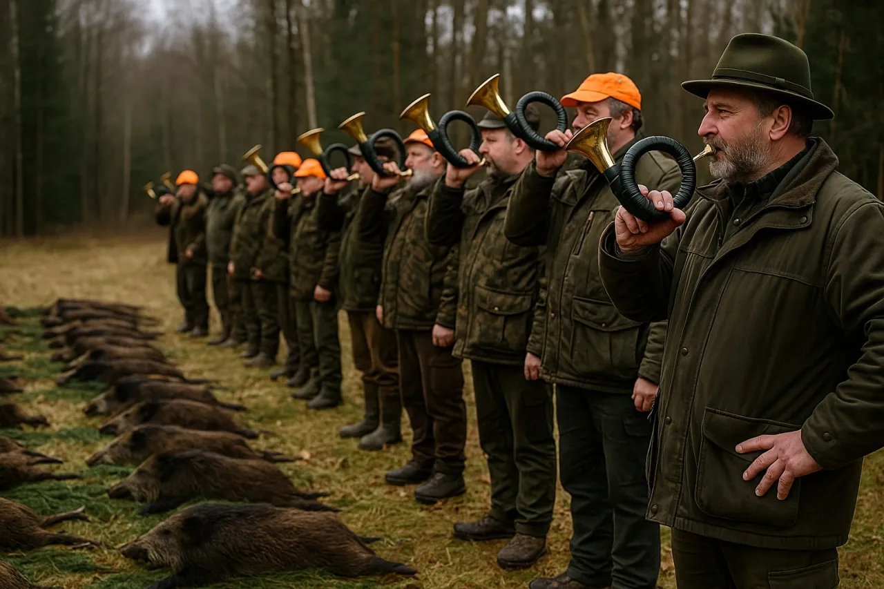 Myśliwi grają na rogach po udanym polowaniu na dziki. Czy indywidualny myśliwy powinien zgłosić polowanie?