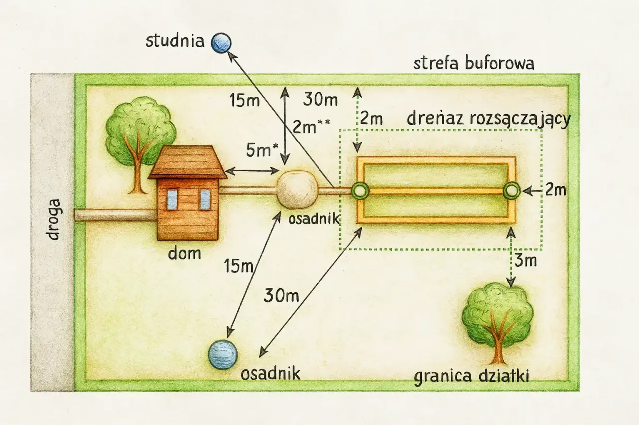 Schemat pokazuje, na czym polega przydomowa oczyszczalnia ścieków: dom, osadnik, drenaż rozsączający i studnia.