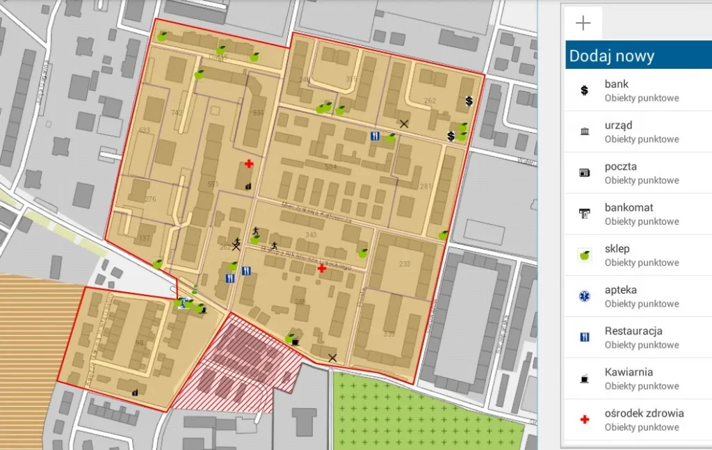 Mapa z zaznaczoną lokalizacją i punktami usługowymi