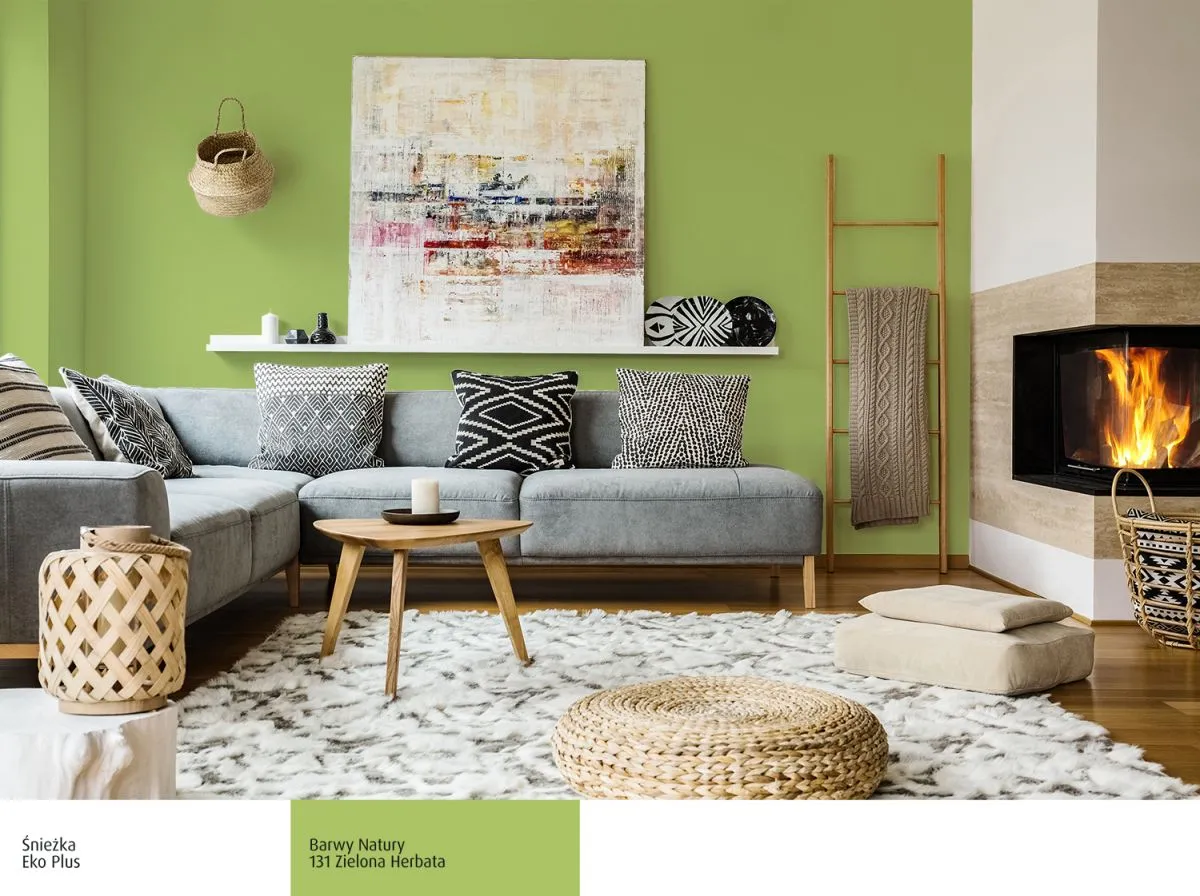 Śnieżka Eko Plus Barwy Natury 131 Zielona Herbata – salon z szarą sofą, kominkiem i abstrakcyjnym obrazem.