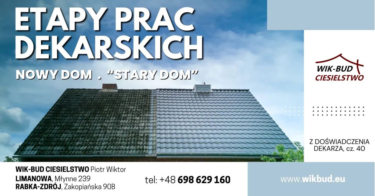 Dekarz przy pracy, r&oacute;żne etapy krycia dachu