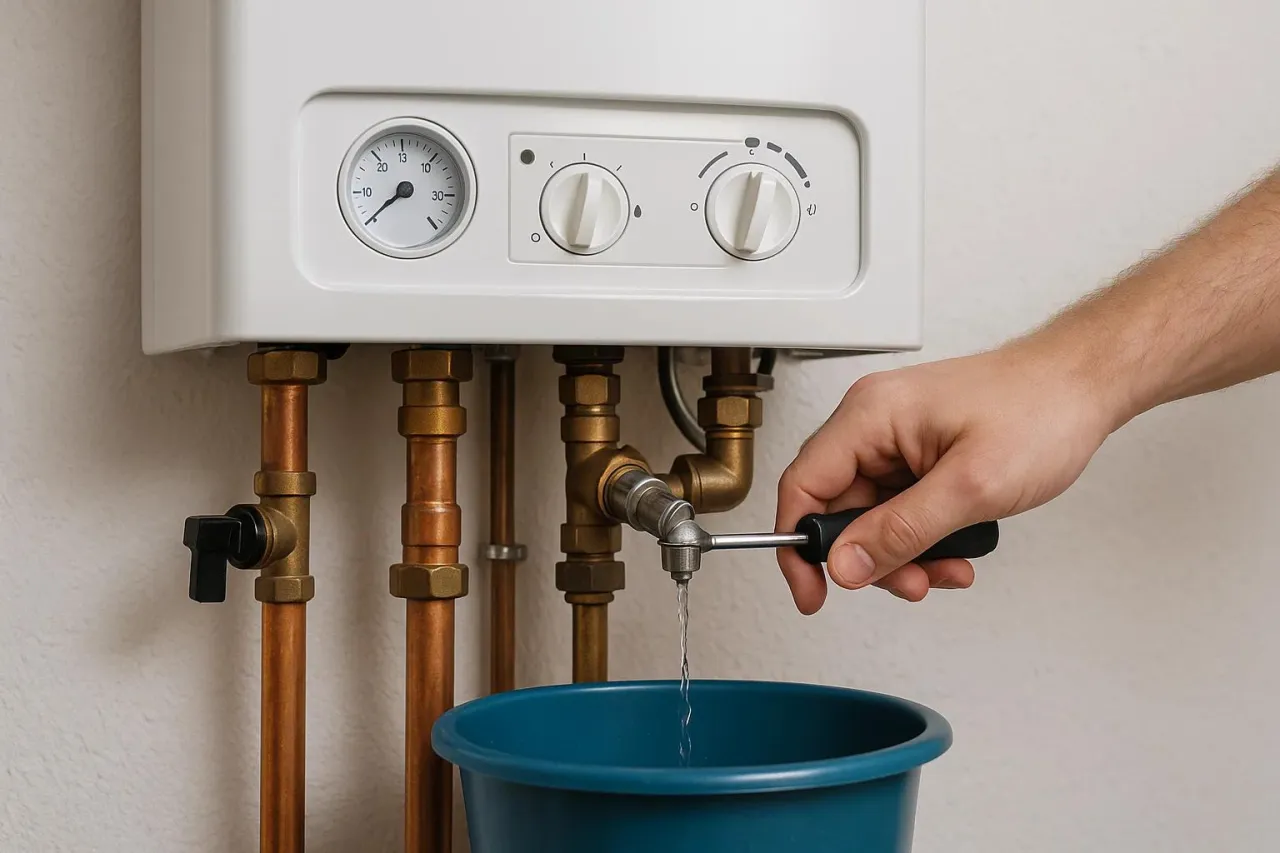 Ręka odkręca zaw&oacute;r pieca gazowego, z kt&oacute;rego leci woda do wiadra. Czy piec gazowy powinien chodzić cały czas?