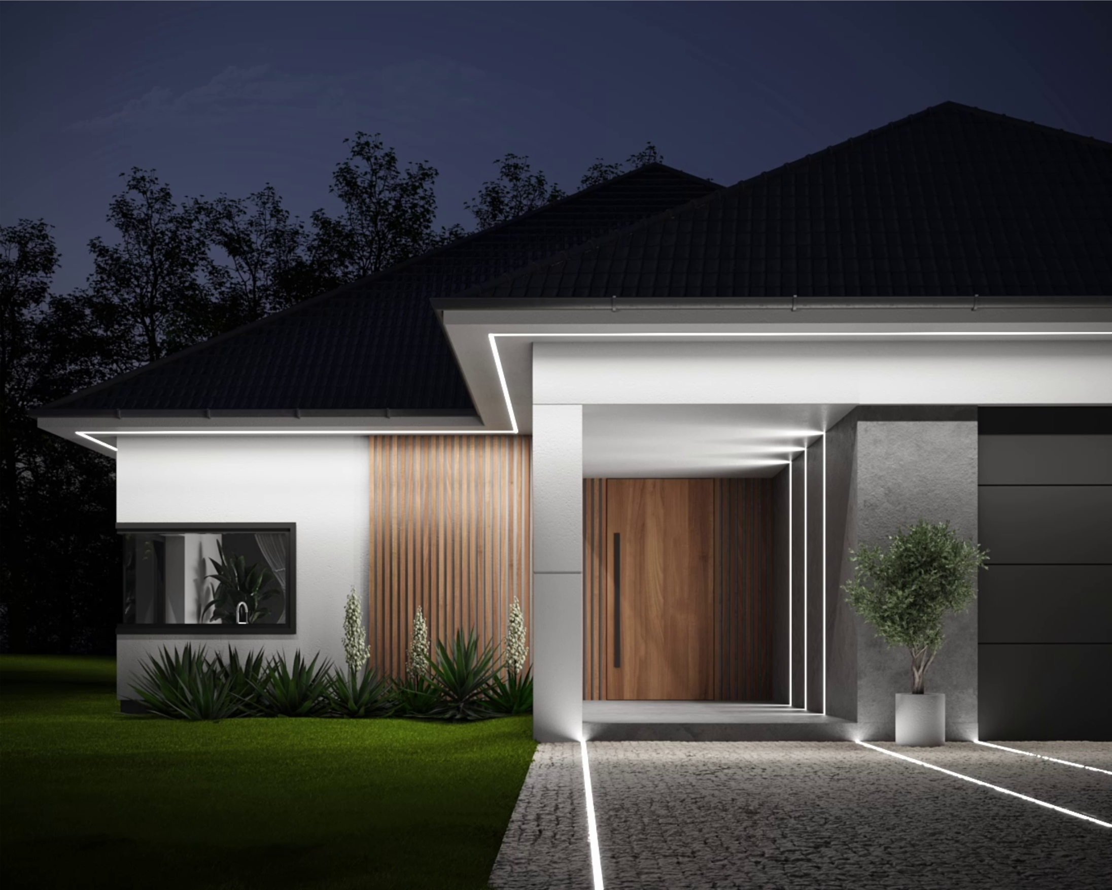 oświetlenie LED w podbitce dachowej domu jednorodzinnego