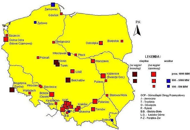 Mapa Polski z zaznaczonymi elektrowniami węglowymi i OZE