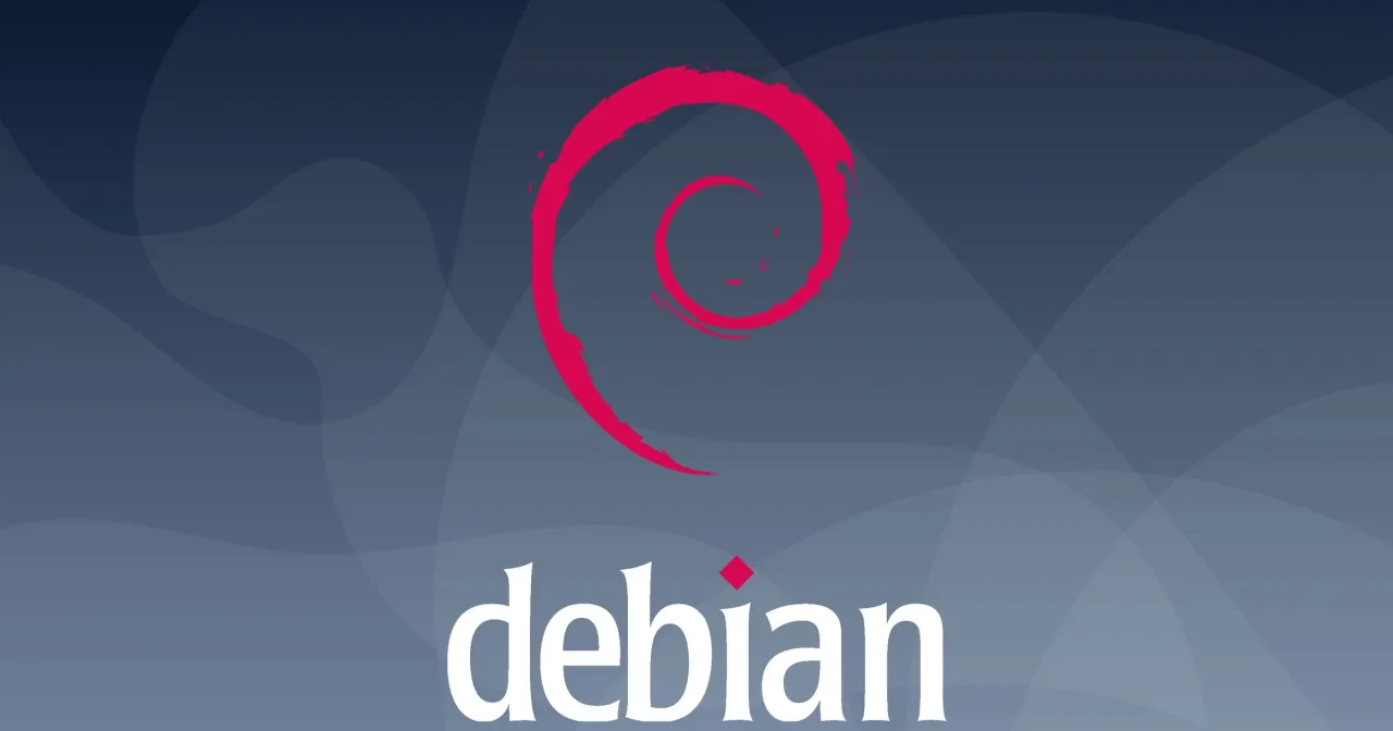 Logo Debian 10 na granatowym tle z subtelnymi, p&oacute;łprzezroczystymi kształtami.