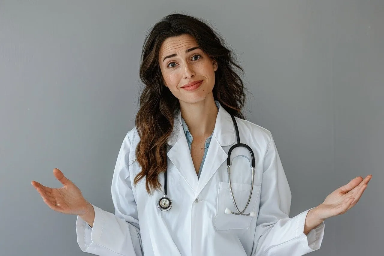 Lekarka z rozłożonymi rękami, sugerująca problem z reklamacją plomby.