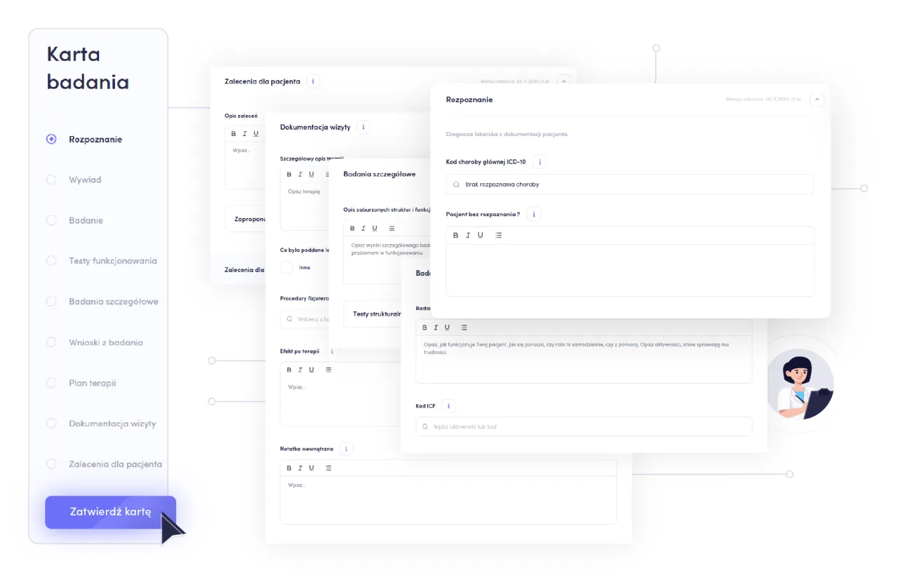 System do zarządzania kartą badania pacjenta. Widoczny jest panel z sekcjami: Rozpoznanie, Wywiad, Badanie. Czy fizjoterapeuta może wystawić skierowanie?