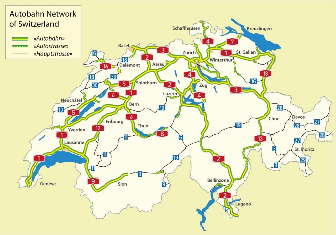 Mapa sieci autostrad Szwajcarii. Planujesz przejazd przez Szwajcarię? Zobacz, jak połączyć gł&oacute;wne miasta: Genewę, Lozannę, Berno, Zurych, Bazyleę, St. Gallen i Lugano.