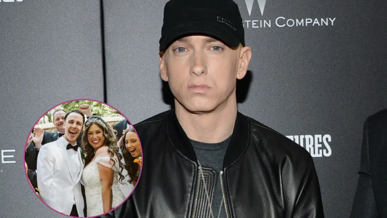 Eminem w czapce i sk&oacute;rzanej kurtce, obok zdjęcie pary młodej. Czy Eminem ma zone?