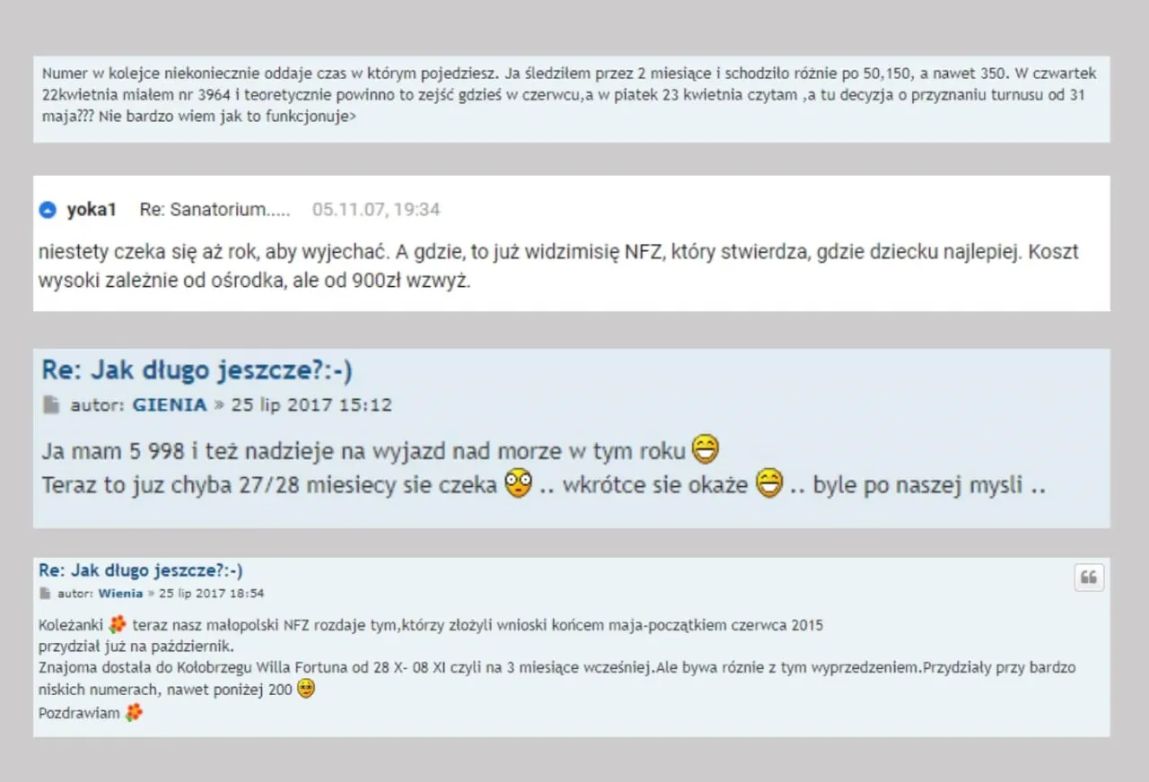 Dyskusja o kolejkach do sanatorium z NFZ. Użytkownicy dzielą się informacjami o długości oczekiwania i kosztach.