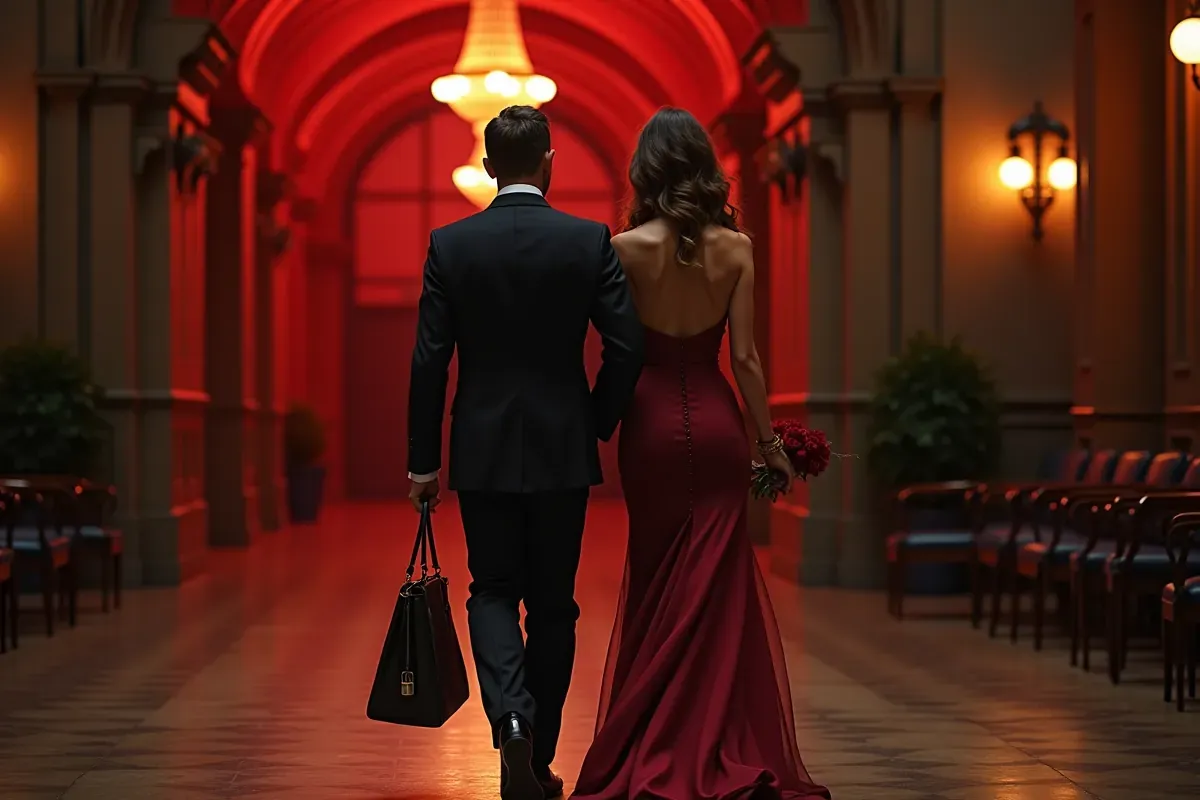 Elegancka para w czerwieni, w czym do teatru, idzie korytarzem oświetlonym ciepłym blaskiem.