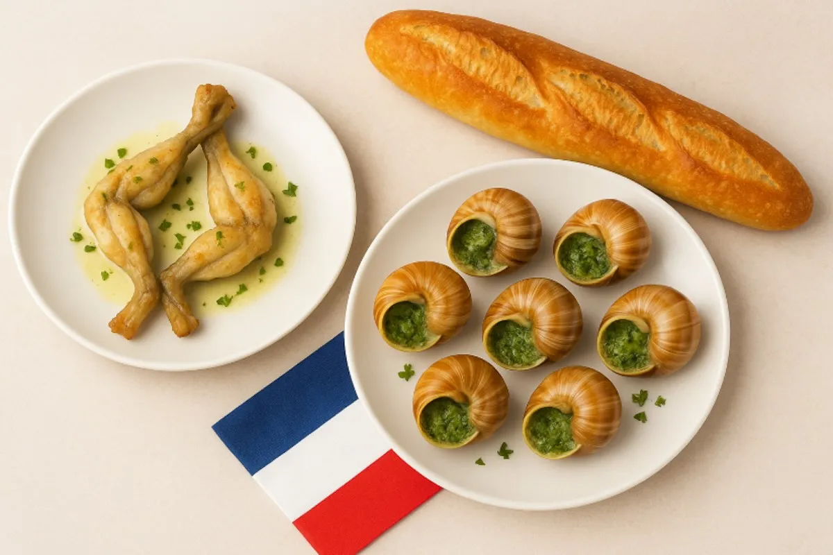 Żabie udka i ślimaki w czosnku – tak jedzą Francuzi. Obok bagietka i francuska flaga.