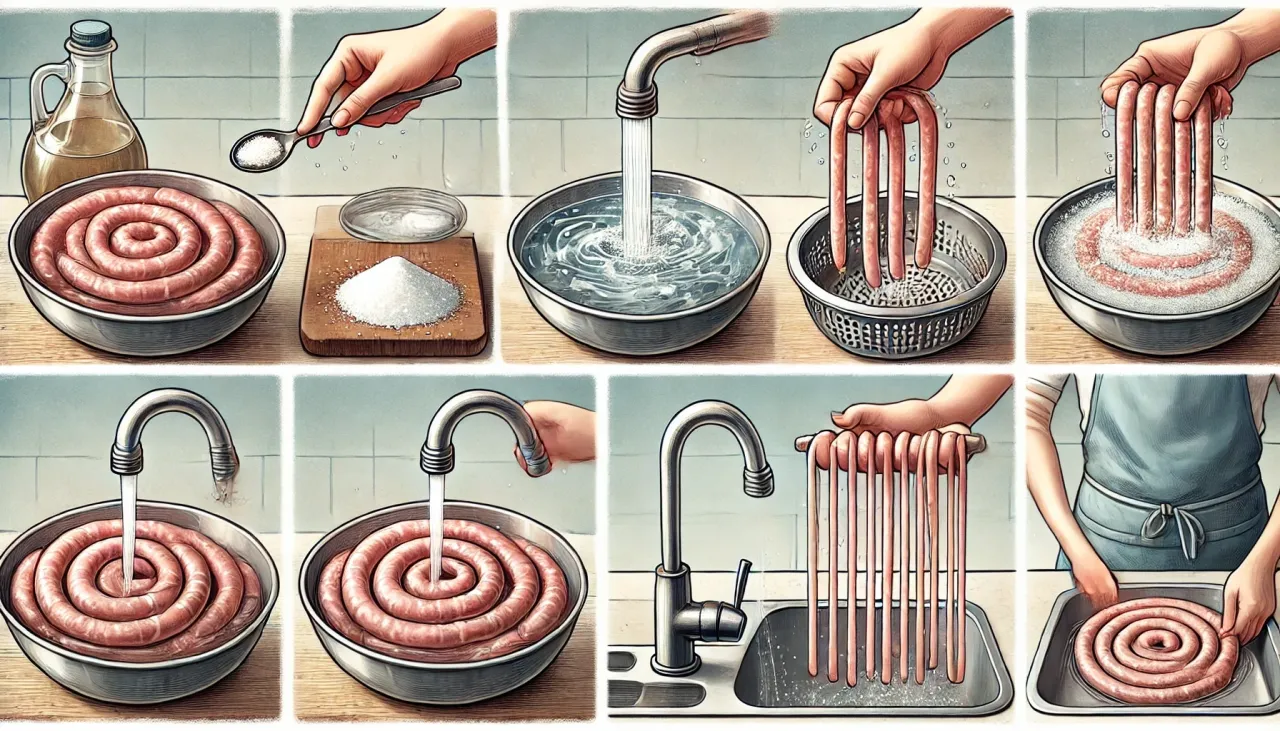 Przygotowanie jelit do kiełbasy: płukanie, moczenie w soli i wodzie. Długość moczenia jelit do kiełbasy zależy od metody.