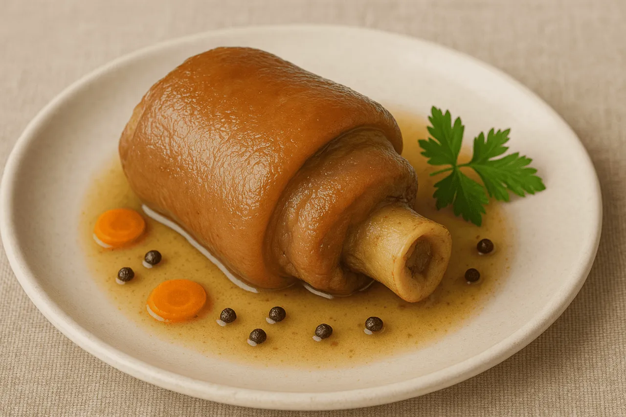 Gotowa do peklowania golonka na talerzu z marchewką, pieprzem i natką pietruszki. Idealna do dalszego gotowania, by dowiedzieć się, jak peklować golonkę.