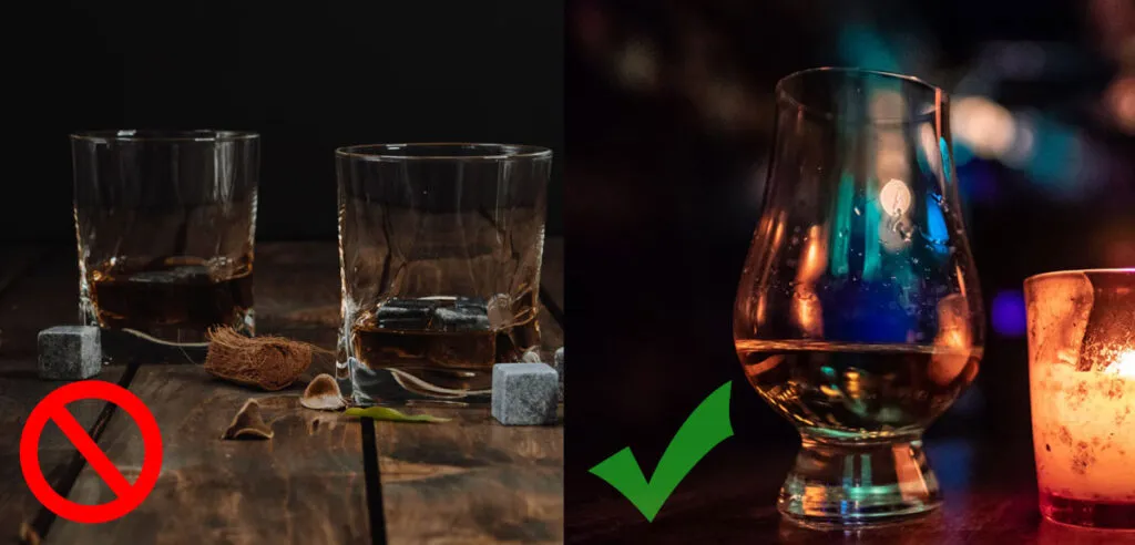 whisky w kieliszkach o r&oacute;żnych temperaturach, molekuły aromatu