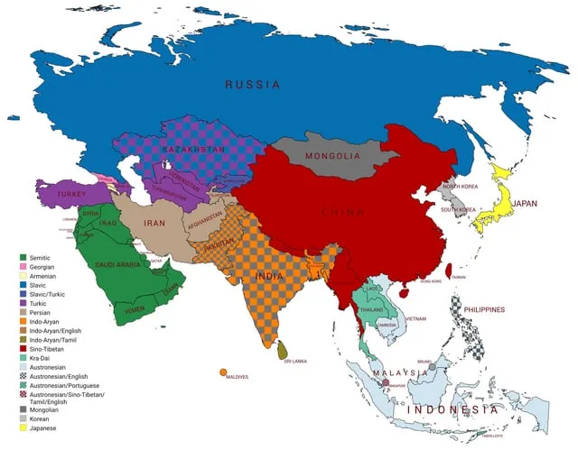 Mapa świata z zaznaczonymi obszarami języków azjatyckich (chiński, japoński, koreański)