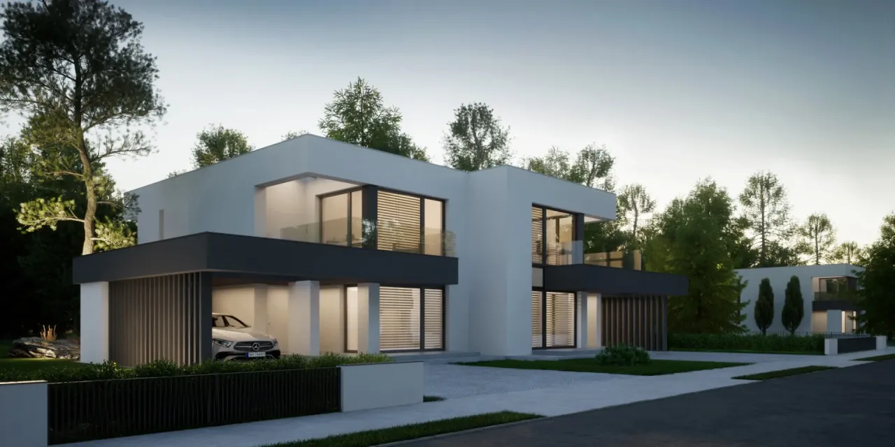 Nowoczesne bliźniaki w otoczeniu drzew. Zastanawiasz się, ile kosztuje budowa bliźniaka?