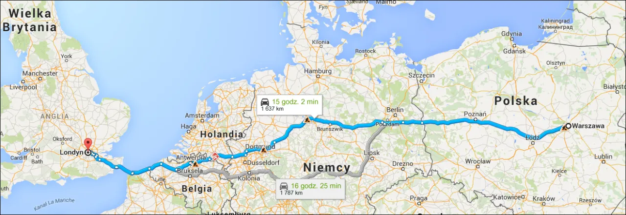 Mapa trasy samochodowej z UK do Polski przez Europę