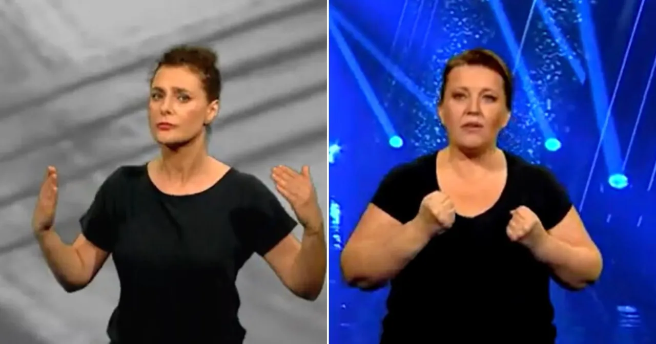 Grupa os&oacute;b oglądających telewizję z napisami i tłumaczem języka migowego