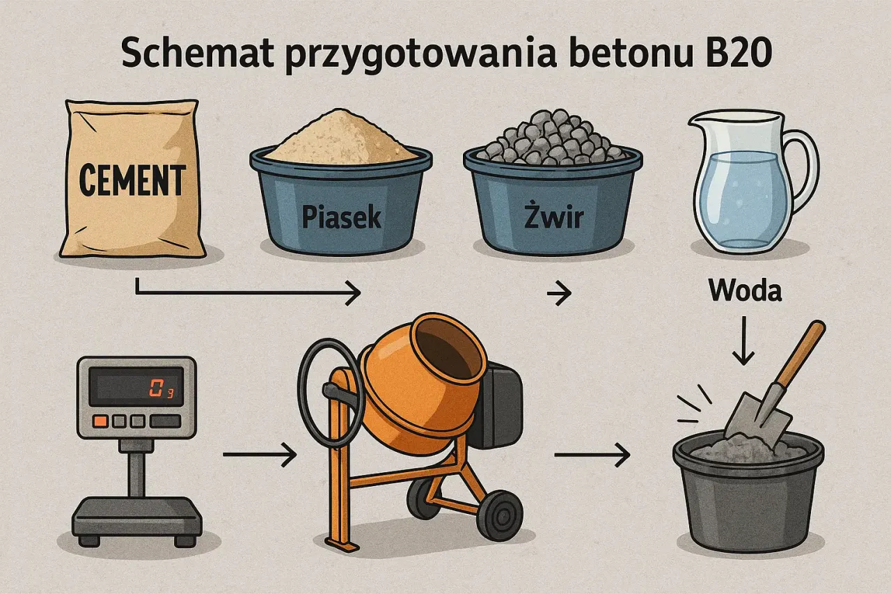 Materiały do betonu B20: cement, piasek, żwir