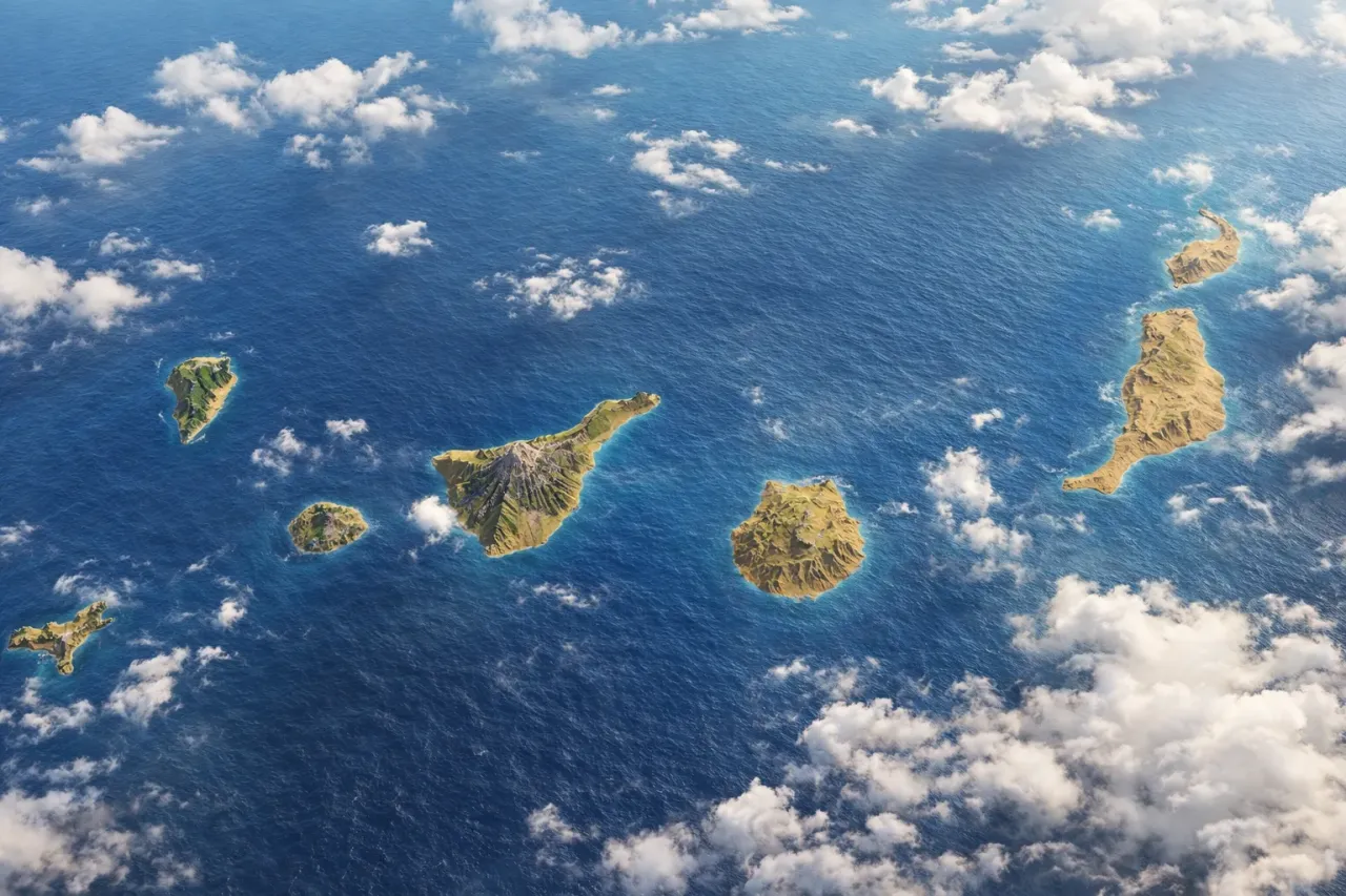 Archipelag wysp na oceanie, gdzie leżą Wyspy Kanaryjskie. Widok z lotu ptaka na zielone i skaliste wyspy otoczone błękitną wodą i chmurami.
