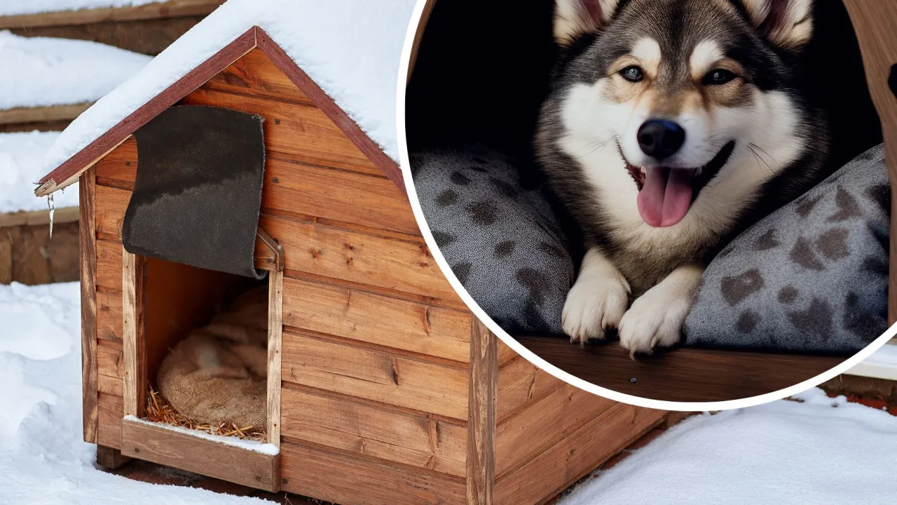 Jak ogrzać budę dla psa? Drewniana buda w śniegu, z zasłoniętym wejściem, a w środku szczęśliwy pies na poduszkach.