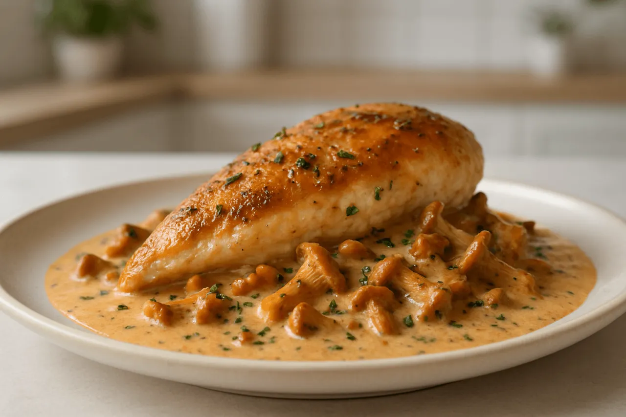 filet z indyka w sosie kurkowym na patelni