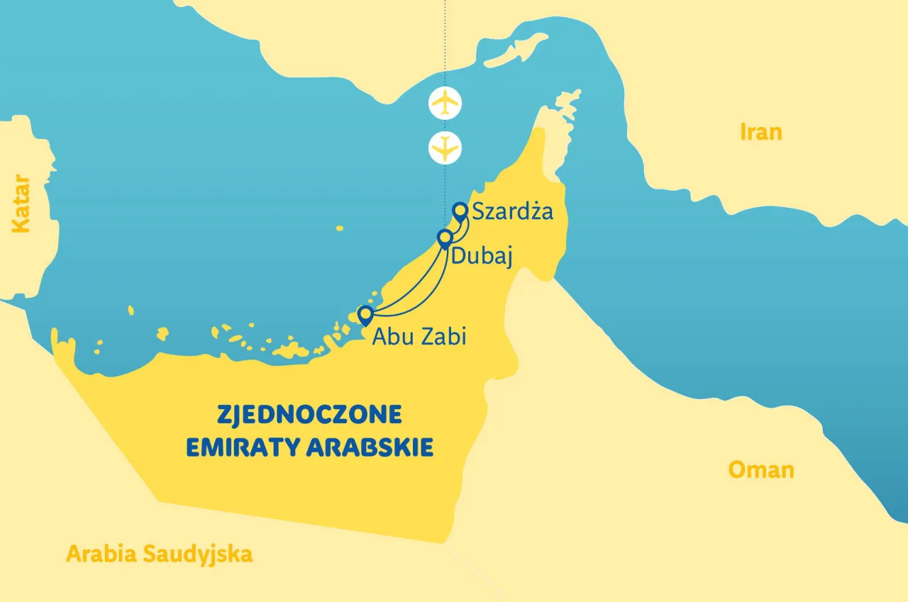 Mapa pokazuje Zjednoczone Emiraty Arabskie, gdzie leży Dubaj, między Katarem a Omanem, blisko Iranu i Arabii Saudyjskiej.