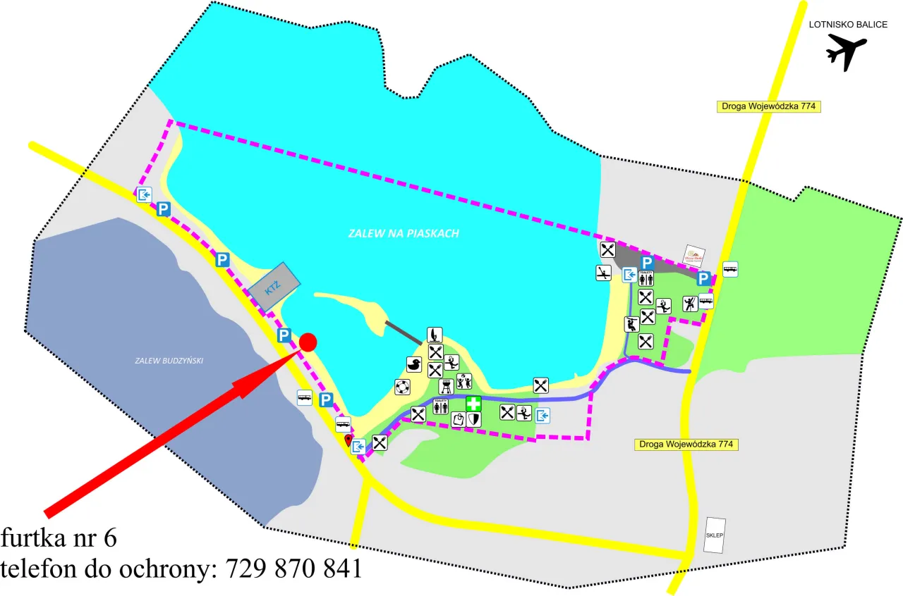 Mapa terenu z zalewami, parkingami, toaletami i piktogramami. Widoczny zakaz używania zanęty.