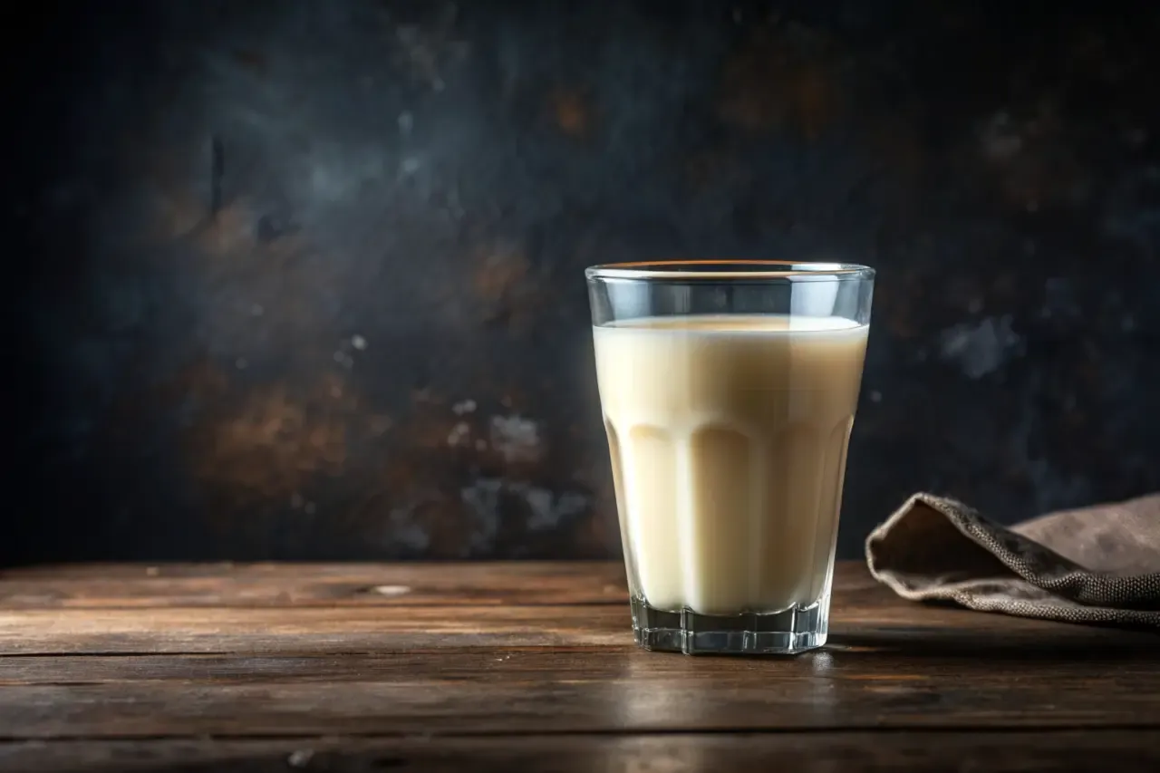 Szklanka mleka roślinnego na drewnianym stole. Rodzice zastanawiają się, jakie mleko roślinne dla niemowlaka będzie najlepsze.