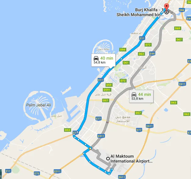 Mapa lotnisk Dubaj DXB DWC