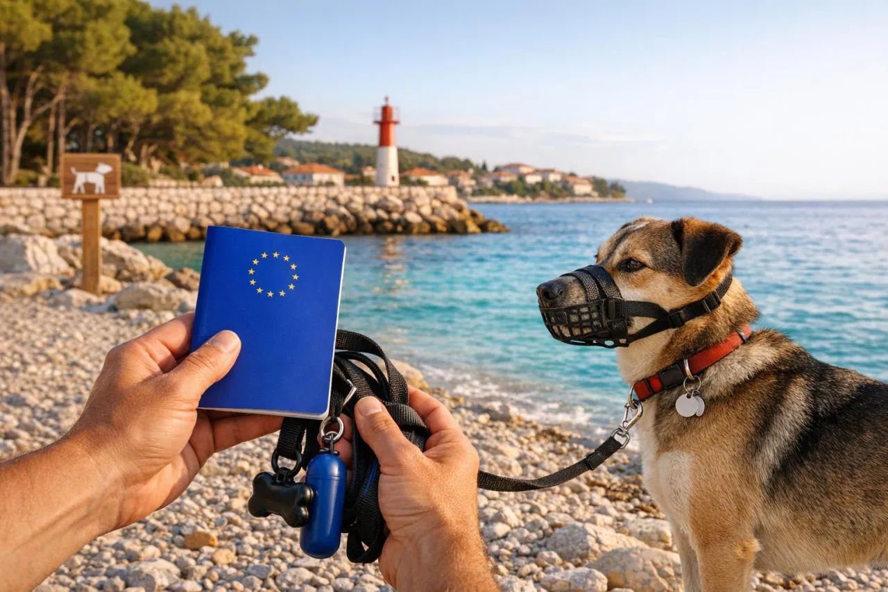 Chorwacja z psem: paszport UE, smycz i kaganiec na plaży. Pies czeka na przygodę nad Adriatykiem.