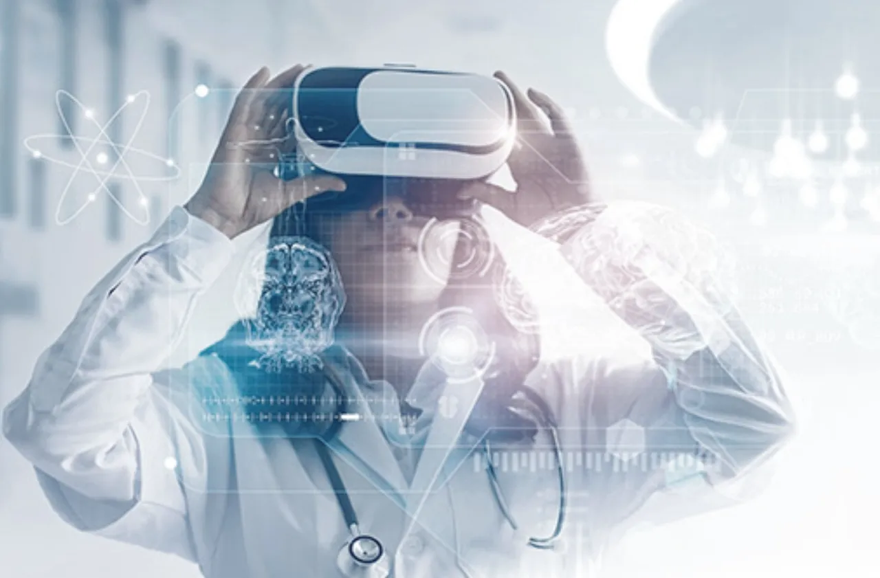 Lekarz w okularach VR analizuje dane medyczne. Czy okulary VR są szkodliwe dla dzieci? Obraz sugeruje przyszłość medycyny.